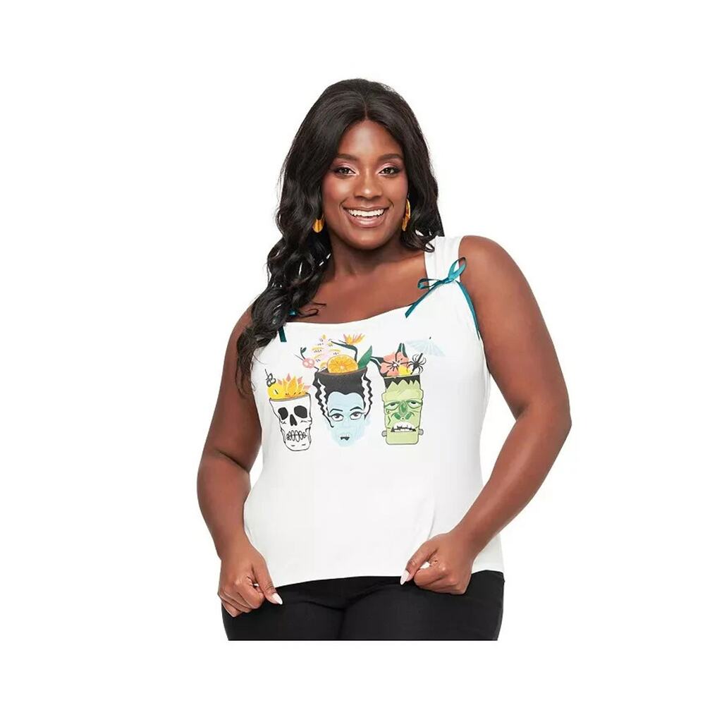 NWT Unique Vintage Womens White Bow Wide Strap Tiki Monsters Tank Top Size M/6-8